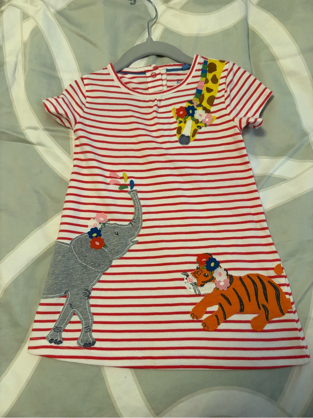 NWOT Baby Boden Red & White Striped Tunic dress with Animal Appliqués